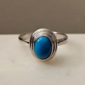 Vintage Sterling Silver Minimalist Oval Blue Turquoise Ring 6.75